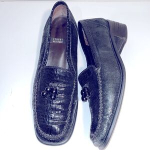 Vintage Stuart Weitzman black leather patterned square toe shoes